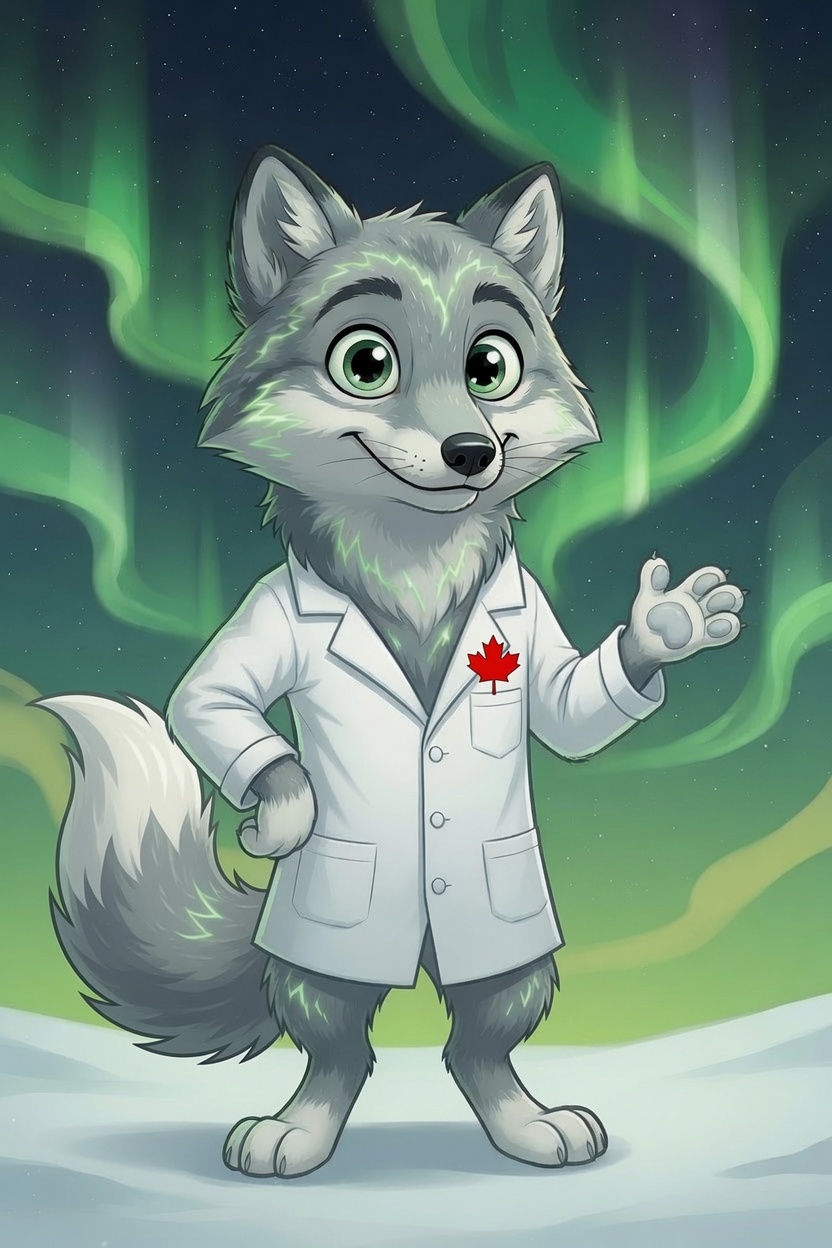 North 49 Labs mascot — a lab-coated Arctic fox under the northern lights